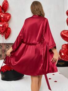 蕾絲拼接緞面睡衣套裝 - 酒紅色 - 查看 2