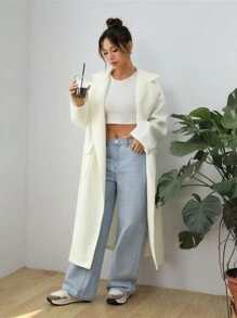 SHEIN EZwear 白色紋理羊毛大衣,帶有翻蓋口袋 - 白色 - 查看 3