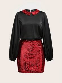SHEIN Clasi Women's Sparkly Patchwork Peter Pan Collar Shirt And Skirt Set