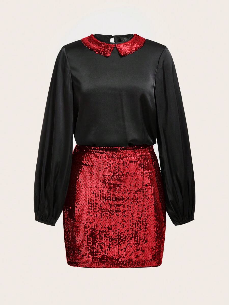 SHEIN Clasi Women's Sparkly Patchwork Peter Pan Collar Shirt And Skirt Set