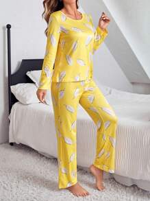 Ladies' Feather Patterned Pajama Set, Fall Winter Clothes - Yellow - View 6