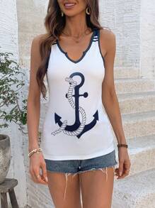 EMERY ROSE Women's Anchor Print Notched V-Neck Tank Top Graphic Tees Women Tops