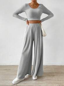 SHEIN Essnce Women'S Ribbed Long-Sleeved T-Shirt And Wide-Leg Trousers Two-Piece Set - Grey - View 4