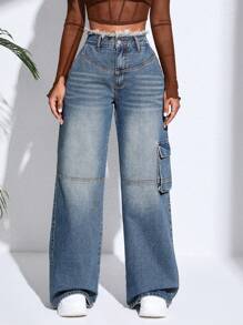 SHEIN Pantalones Cargo De Mezclilla Para Mujer Con Bolsillos - Lavado ligero - Ver 2