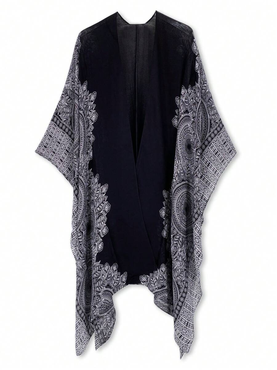 Floral Print Open Front Kimono, For Summer Beach Vacation - Black - View 1