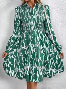 SHEIN LUNE All-Over Printed Shirred Lantern Sleeve Dress - Multicolor - View 4