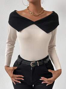 SHEIN Frenchy Của phụ nữ Màu thuần Tương phản Off Shoulder Áo len - Nhiều màu - Xem 4