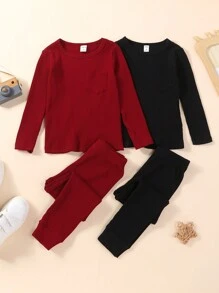 SHEIN 2件套男童罗纹针织T恤和紧身裤套装 - 彩色 - 查看 1