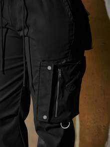 Women's Y2K Style Elastic Waist Drawstring Cargo Pants With Flap Pockets, Zipper Details, Metal Buttons, And Side Slits - Black - View 4