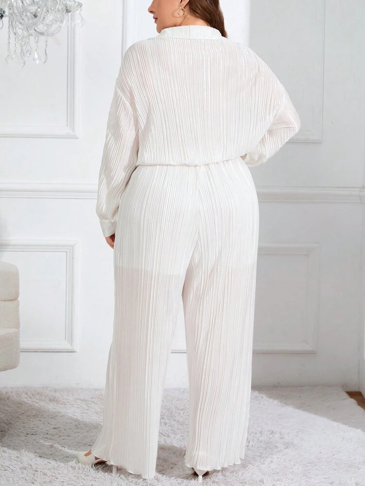 Plus Size Women's Long Sleeve Pleated Loose Jumpsuit