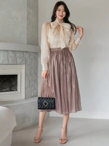 DAZY 1件女士商务休闲纯色缎带领衬衫，秋季长袖上衣外出上衣 - 香檳色 - 查看 6