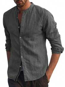 Men Plus Button Front Shirt - Grey - View 1