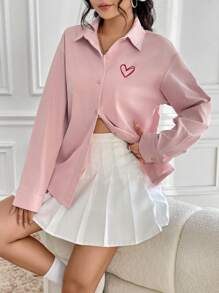SHEIN Qutie 女款心形印花長袖襯衫 - 粉色 - 查看 6