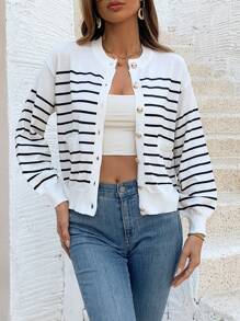 SHEIN Frenchy 女士條紋圓領長袖開衫 - 杏色 - 查看 1