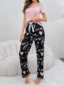 Cute Pink Women Pajama Set With Round Neck Top And Geometric Print Pants For Sleepwear - Pink - View 3