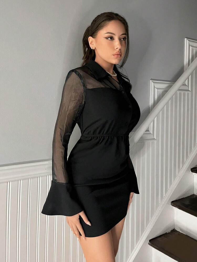 Ladies' Mesh Splicing Flare Sleeve Dress