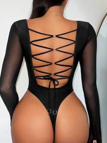 Swim SXY Summer Cross Backless Mesh Paneled One-Piece Swimsuit - Black - View 1