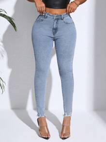 SHEIN SXY Slim Fit Denim Jeans With Frayed Hem - Light Wash - View 4