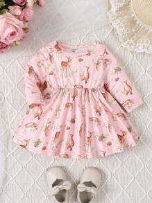 SHEIN 嬰幼女寶寶可愛鹿印花連衣裙,舒適透氣,適用於日常休閒、度假和派對裝扮 - 彩色 - 查看 1