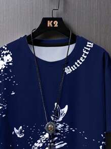 Manfinity LEGND Men Splash Ink & Butterfly Print Tee - Navy Blue - View 3