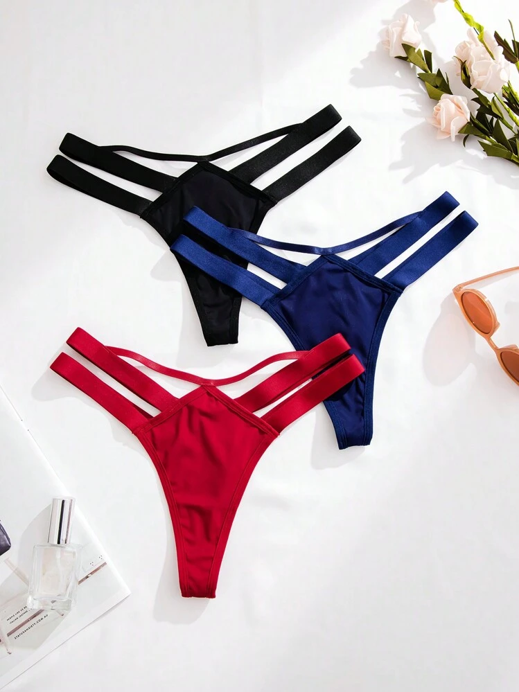 3pcs/Set Solid Color Hollow Out Detail G-String Underwear - Multicolor - View 3