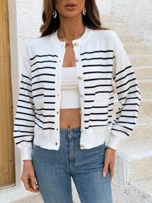 SHEIN Frenchy 女士條紋圓領長袖開衫 - 杏色 - 查看 3