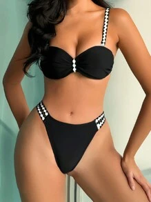 SHEIN Swim Women's Chevron Pattern Printed Bikini Set Summer Beach - Black - View 3