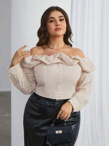 SHEIN Privé Plus Size Pleated Off Shoulder Top - Khaki - View 5