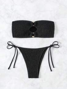 SHEIN Swim Solid Color Hollow Out Strapless Bikini Set Summer Beach - Black - View 5