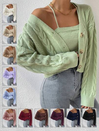 EMERY ROSE Solid Color Knitted Camisole Top And Buttoned Cardigan Fall Winter Cloth For Women