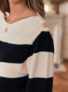 SHEIN Frenchy 條紋休閒套頭毛衣,附金屬扣環 - 彩色 - 查看 2