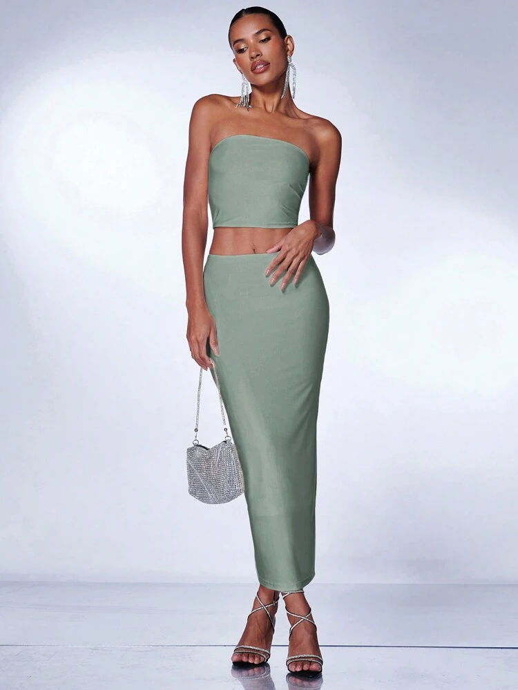 Women's Solid Color Tube Top And Skirt Two-piece Set