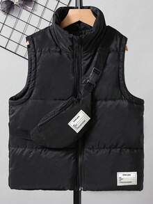 SHEIN Tween Boys Basic Casual Winter Vest With Stand Collar And Crossbody Bag Fall - Black - View 6