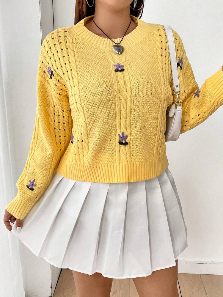 Plus Size Floral Embroidered Sweater Pullover Knit Pullover Fall Winter Sweater