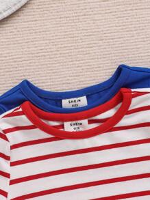 SHEIN مجموعة طفل رضيع متكاملة تتضمن قطعتين لل-تي-شيرت و ال-شورت بأكمام قصيرة وبطبعة خطوط حمراء وبيضاء