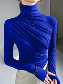 SHEIN Essnce Của phụ nữ Xếp li Tay áo dài Áo thun - Màu xanh lam - Xem 1