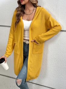 SHEIN LUNE 雙口袋垂肩長袖連帽開衫 - 黃色 - 查看 5