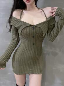 DAZY Damen einfarbiges Rippstrick-Kleid mit Haterneckausschnitt und Knöpfen, Herbst/Winter - Grün - Übersicht 1