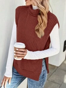 SHEIN Essnce Solid Color Split High Neck Tank Top - Burnt Orange - View 1