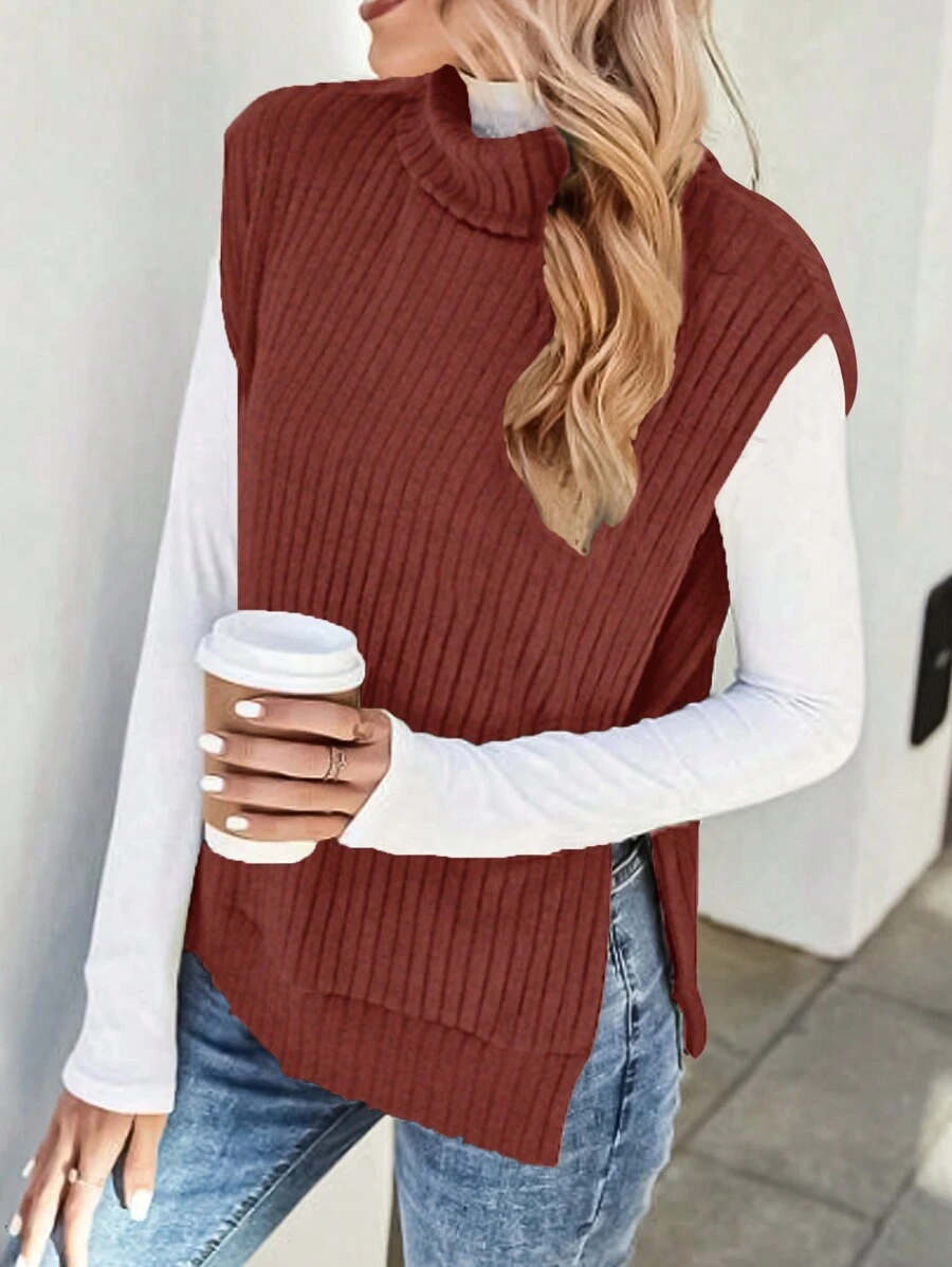 SHEIN Essnce Solid Color Split High Neck Tank Top - Burnt Orange - View 1