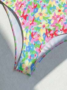 SHEIN Swim 女士花卉印花連體泳衣,褶皺胸部設計和打結肩帶 - 彩色 - 查看 3
