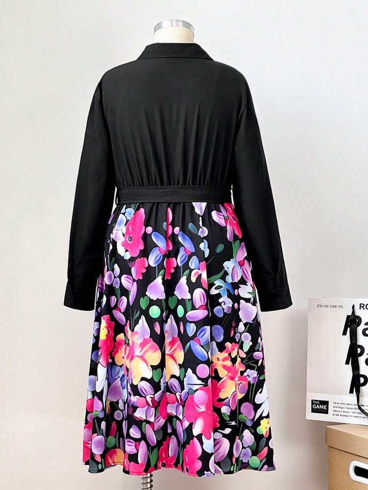 Women's Plus Size Button Placket Half-open Floral Printed Dress With Patchwork