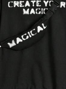 SHEIN 男童青年寬鬆版型連帽運動衫,附字母印花,附配套背包 - 黑色 - 查看 3