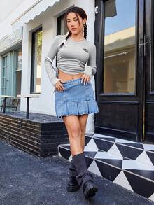 SHEIN EZwear Áo thun dài tay in chữ có dây rút viền bất đối xứng - Xám - Xem 5