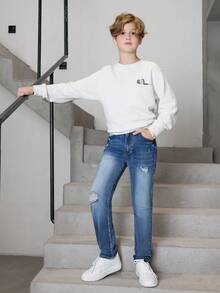 Tween Boy Ripped Washed Jeans - Light Wash - View 4