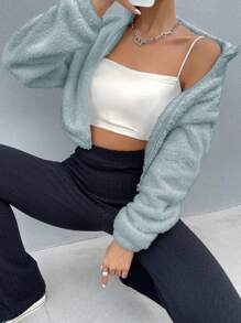 SHEIN Unity Solid Color Teddy Zip Front Jacket With Drop Shoulder - Blue - View 3