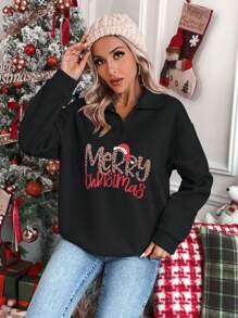 SHEIN LUNE Áo nỉ cổ kéo khóa nửa thân in họa tiết Giáng sinh, áo nỉ mùa thu. - màu đen - Xem 1