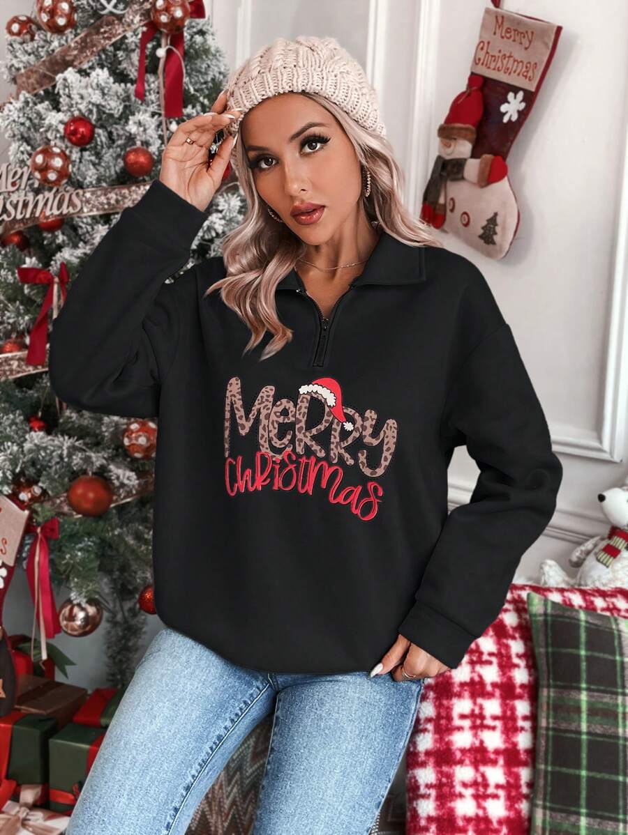 SHEIN LUNE Áo nỉ cổ kéo khóa nửa thân in họa tiết Giáng sinh, áo nỉ mùa thu. - màu đen - Xem 1