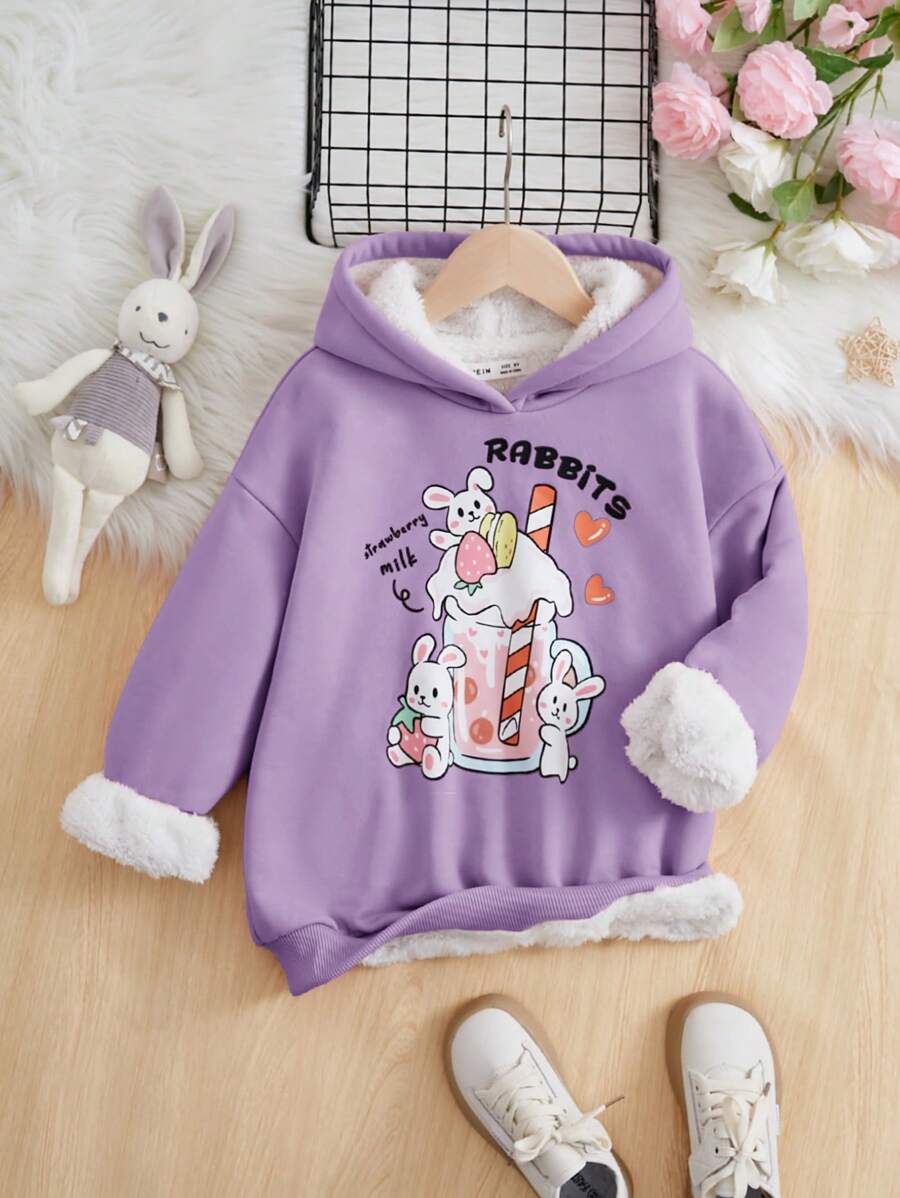 SHEIN 初中女生針織連帽毛絨衫,帶字母和兔子印花,休閒又甜美 - 淡紫色 - 查看 1