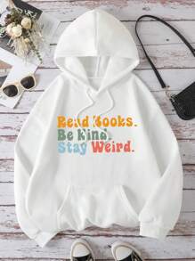 SHEIN LUNE 女款字母印花保暖内衬抽绳连帽衫 - 白色 - 查看 1